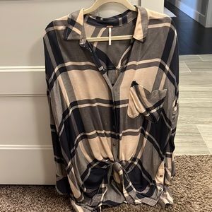 Free People, L, very light pink and navy oversized button down shirt